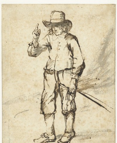 Niño de pie sosteniendo un látigo y levantando su mano derecha de Rembrandt van Rijn (school of)