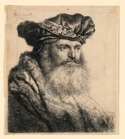 Hombre barbudo con gorra de terciopelo con broche de joya de Rembrandt van Rijn