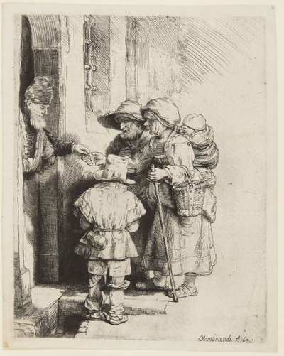 Un tocador ciego de zanfona y su familia recibiendo limosna de Rembrandt van Rijn