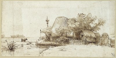 Una granja junto a un arroyo de Rembrandt van Rijn
