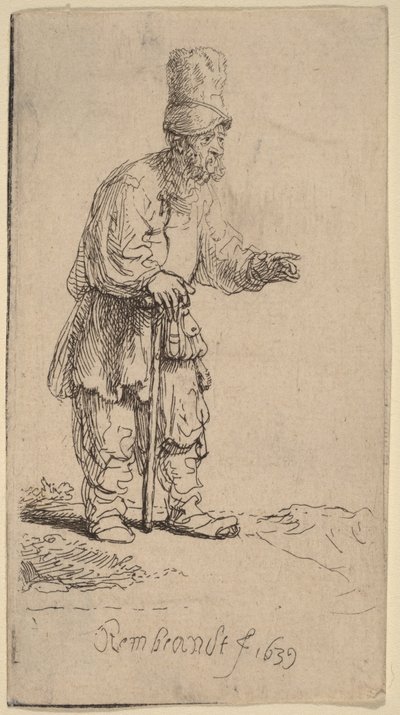 Un campesino con gorro de pico alto, de pie y apoyado en un bastón de Rembrandt van Rijn