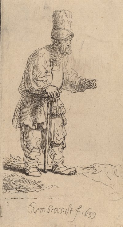 Un campesino con un gorro alto, apoyado en un bastón de Rembrandt van Rijn