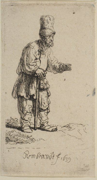Un campesino con un gorro alto, de pie apoyado en un bastón, 1639 de Rembrandt van Rijn