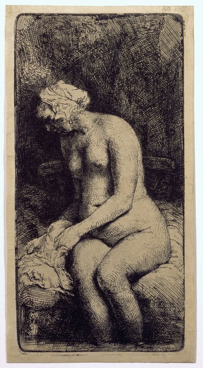 Una mujer bañándose los pies en un arroyo de Rembrandt van Rijn
