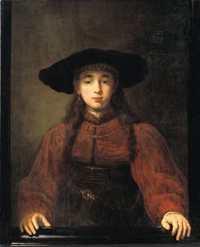 Una joven apoyando sus manos en el marco del cuadro de Rembrandt van Rijn