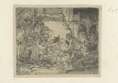 Aanbidding der herders: met de olielamp Colección de ochenta y cinco grabados originales (título de la serie) de Rembrandt van Rijn