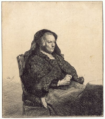 Una anciana (la madre de Rembrandt, sentada en una mesa) de Rembrandt van Rijn