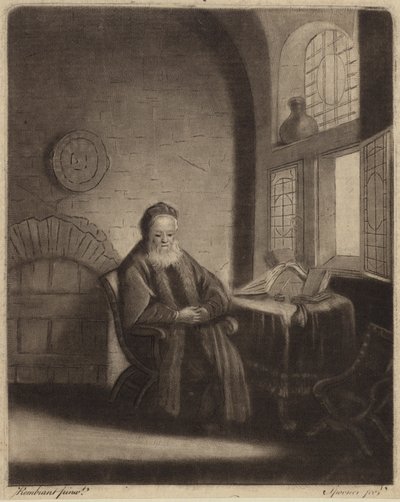 Un filósofo anciano con barba sentado en un escritorio frente a una ventana de Rembrandt van Rijn