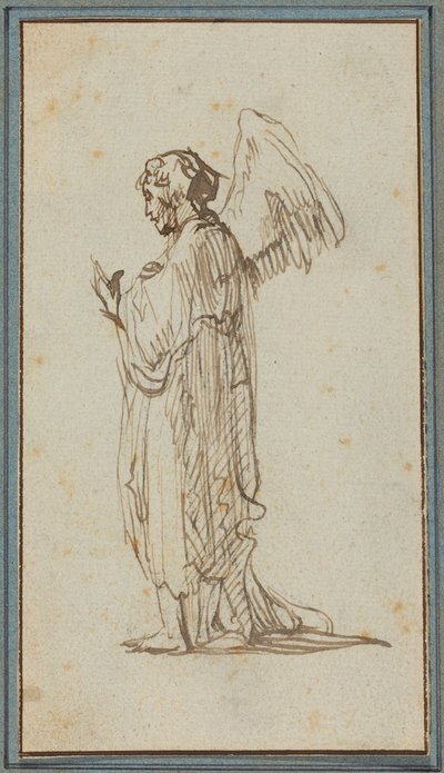 Ángel de pie (pluma y tinta marrón sobre trazos de carboncillo sobre papel verjurado) de Rembrandt van Rijn