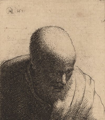 Hombre calvo con la boca abierta, mirando hacia abajo, ca. 1630 de Rembrandt van Rijn