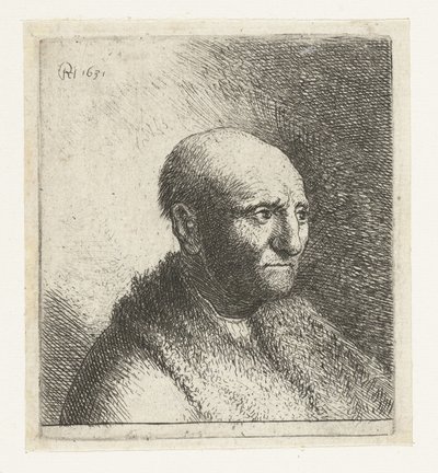Hombre calvo en una capa de piel: busto de Rembrandt van Rijn