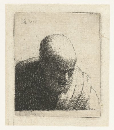Hombre calvo con la boca abierta, mirando hacia abajo: busto de Rembrandt van Rijn