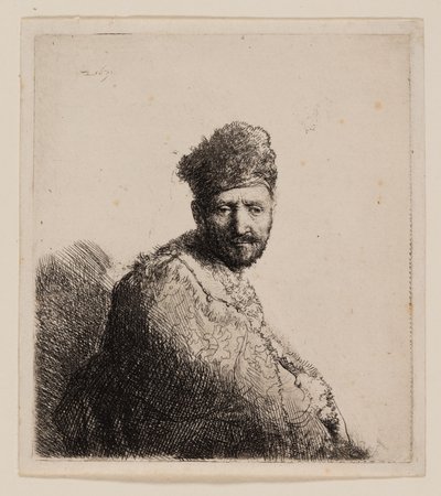 Hombre barbudo, con gorro y túnica oriental con piel de Rembrandt van Rijn