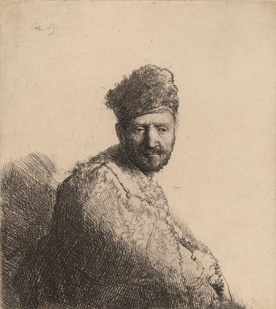 Hombre barbudo, con gorro y bata oriental con piel: el padre del artista, 1631 de Rembrandt van Rijn