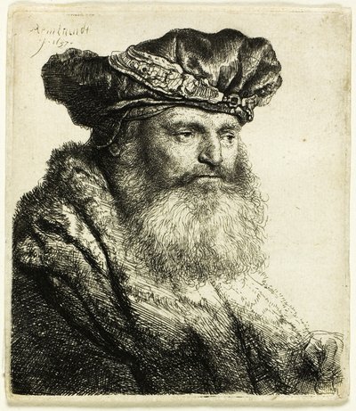 Hombre barbudo con gorra de terciopelo con broche de joya de Rembrandt van Rijn