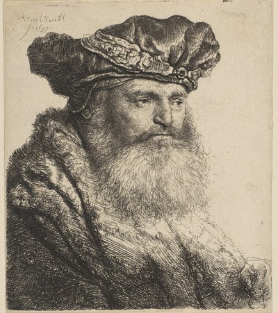 Hombre barbudo con gorra de terciopelo con broche de joya de Rembrandt van Rijn