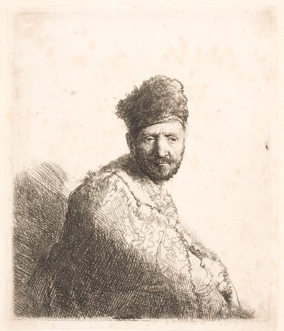 Hombre barbudo (¿el padre de Rembrandt) con gorro oriental forrado de piel y túnica: retrato de medio cuerpo de Rembrandt van Rijn