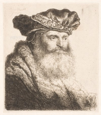 Hombre barbudo con gorra de terciopelo con broche de joya de Rembrandt van Rijn