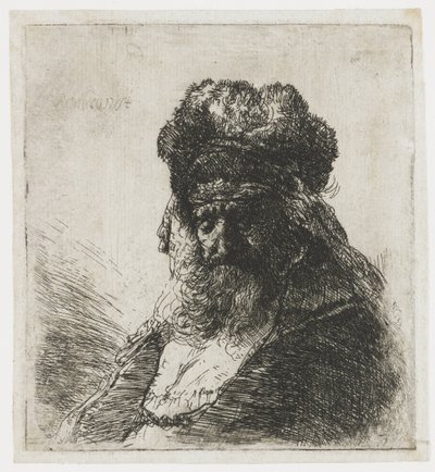 Viejo barbudo con gorro de piel alto, con los ojos cerrados de Rembrandt van Rijn