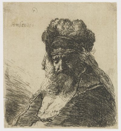 Viejo barbudo con gorro de piel alto, con los ojos cerrados de Rembrandt van Rijn