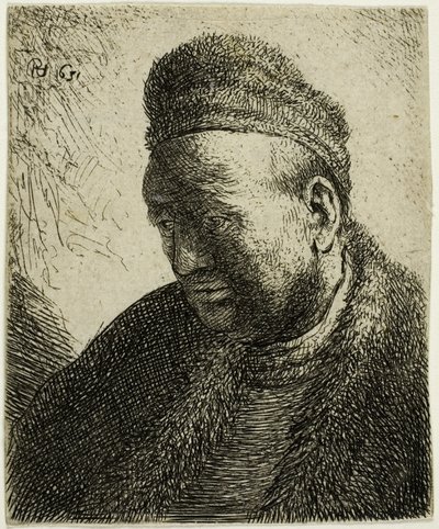 Hombre sin barba con abrigo de piel y gorra: busto de Rembrandt van Rijn