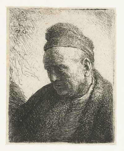 Hombre sin barba con capa de piel y gorra: busto de Rembrandt van Rijn