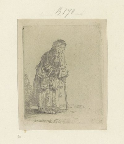 Mendiga, apoyada en un palo, a la derecha Recueil de quatre-vingt-cinq estampes originales (título de la serie) de Rembrandt van Rijn