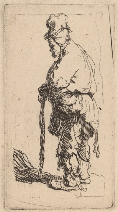 Mendigo apoyado en un bastón, mirando a la izquierda de Rembrandt van Rijn