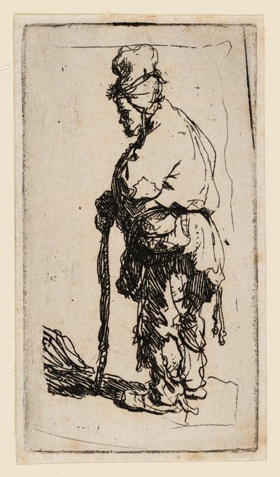 Mendigo Apoyado en un Bastón, Mirando a la Izquierda de Rembrandt van Rijn