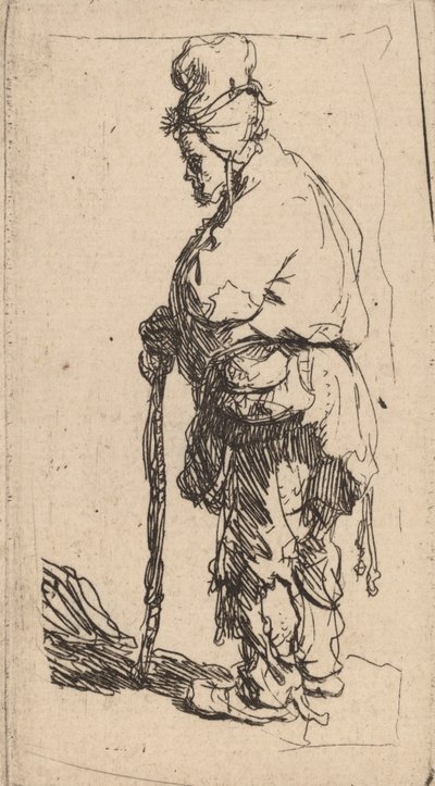 Mendigo apoyado en un bastón, mirando a la izquierda, c. 1630 de Rembrandt van Rijn