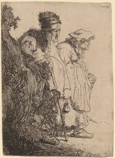 Mendigo hombre y mujer detrás de un banco de Rembrandt van Rijn