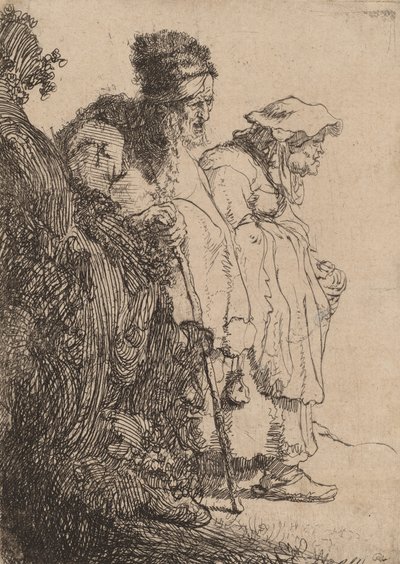 Mendigo Hombre y Mujer detrás de un Banco, c. 1630 de Rembrandt van Rijn