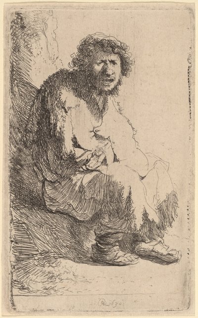 Mendigo sentado en un banco de Rembrandt van Rijn