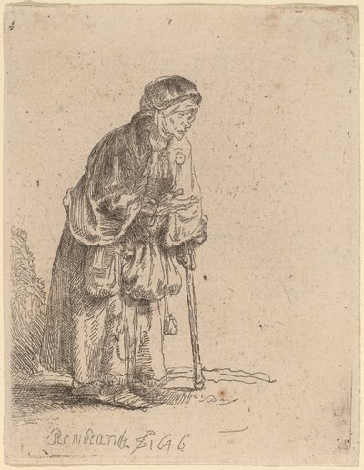 Mendiga apoyada en un bastón de Rembrandt van Rijn