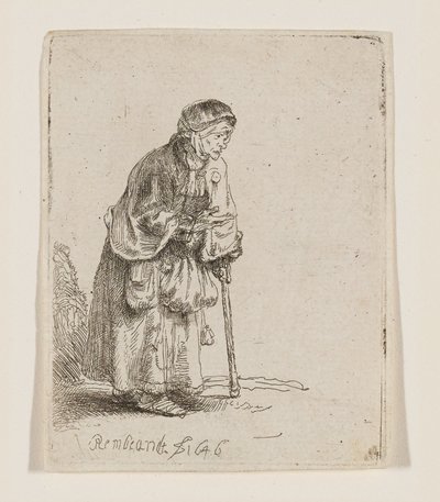 Mendiga apoyada en un bastón de Rembrandt van Rijn