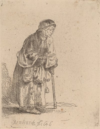Mendiga apoyada en un bastón de Rembrandt van Rijn