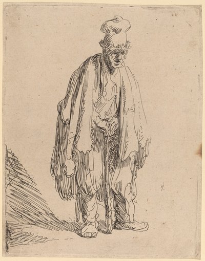 Mendigo con gorro alto, de pie y apoyado en un bastón de Rembrandt van Rijn