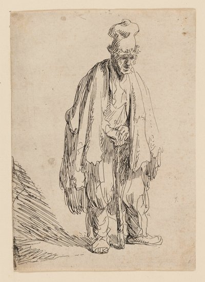 Mendigo con gorro alto, de pie y apoyado en un bastón de Rembrandt van Rijn