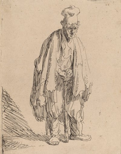 Mendigo con un Sombrero Alto, de Pie y Apoyado en un Bastón de Rembrandt van Rijn