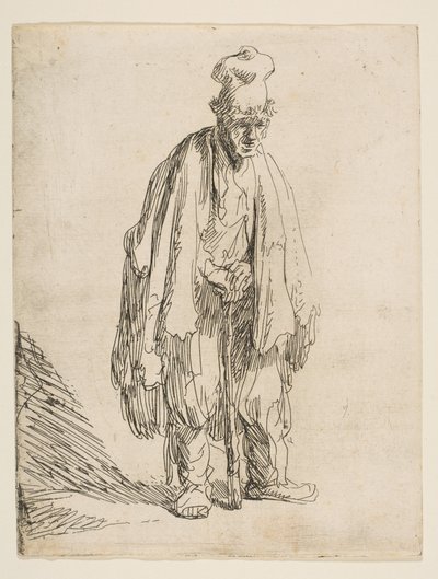 Mendigo con un gorro alto, de pie y apoyado en un bastón, ca. 1629 de Rembrandt van Rijn