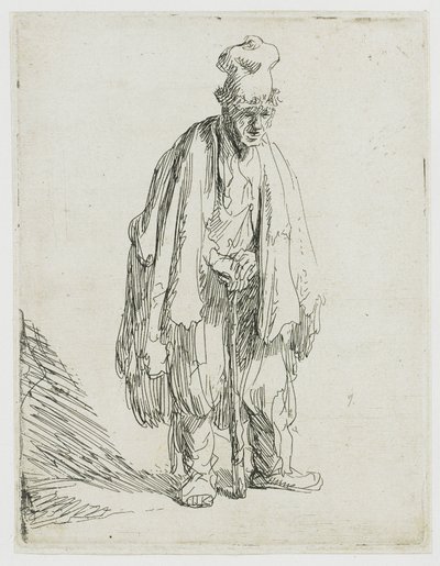 Mendigo con una gorra de visera ancha, de pie y apoyado en un bastón de Rembrandt van Rijn