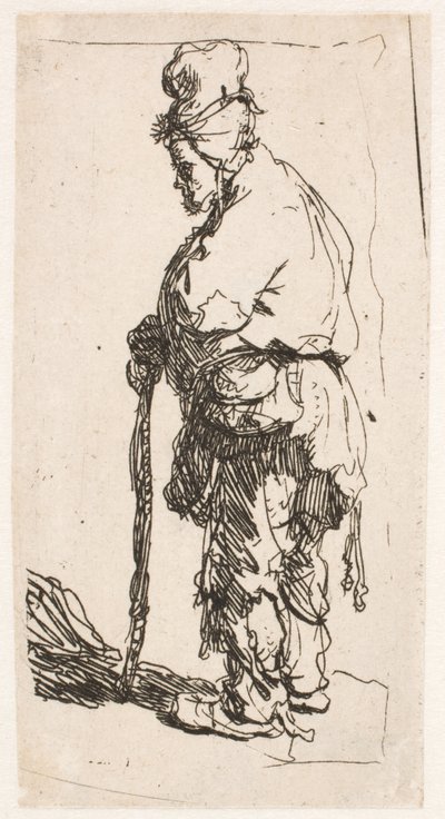 Mendigo apoyado en un bastón, mirando hacia la izquierda de Rembrandt van Rijn