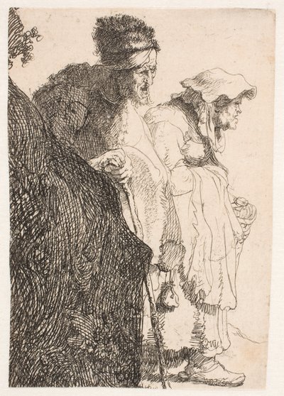 Un mendigo y una mendiga detrás de un banco de Rembrandt van Rijn