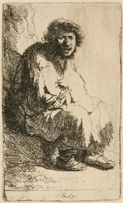 Mendigo sentado en un banco de Rembrandt van Rijn