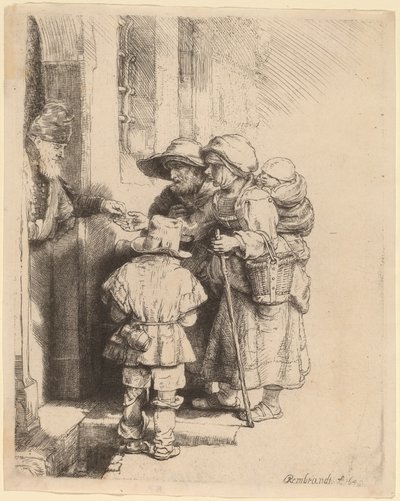 Mendigos recibiendo limosnas en la puerta de una casa de Rembrandt van Rijn