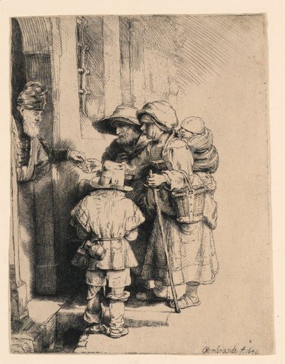Mendigos recibiendo limosnas en la puerta de una casa de Rembrandt van Rijn