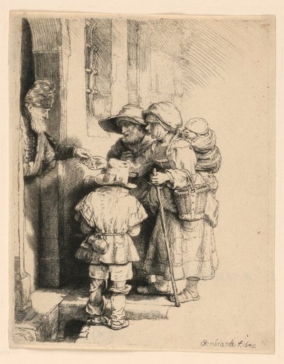 Mendigos recibiendo limosnas en la puerta de una casa de Rembrandt van Rijn