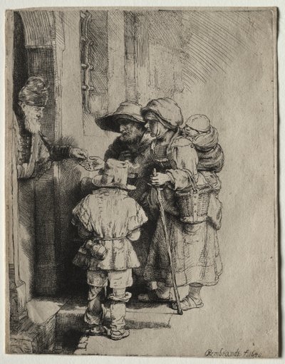 Beggars Receiving Alms at the Door of a House de Rembrandt van Rijn
