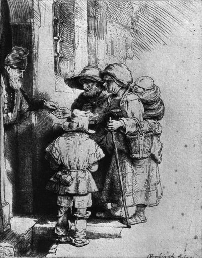 Mendigos en la puerta de una casa de Rembrandt van Rijn