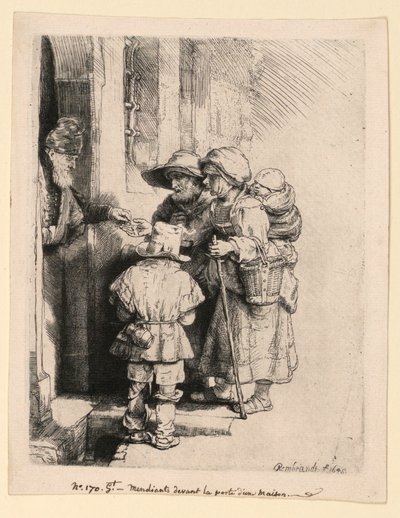 Mendigos recibiendo limosnas en la puerta de una casa de Rembrandt van Rijn